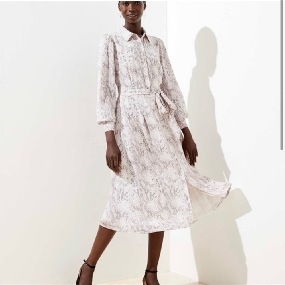 LOFT Snake Patterned Button Down Tie Waist Dress